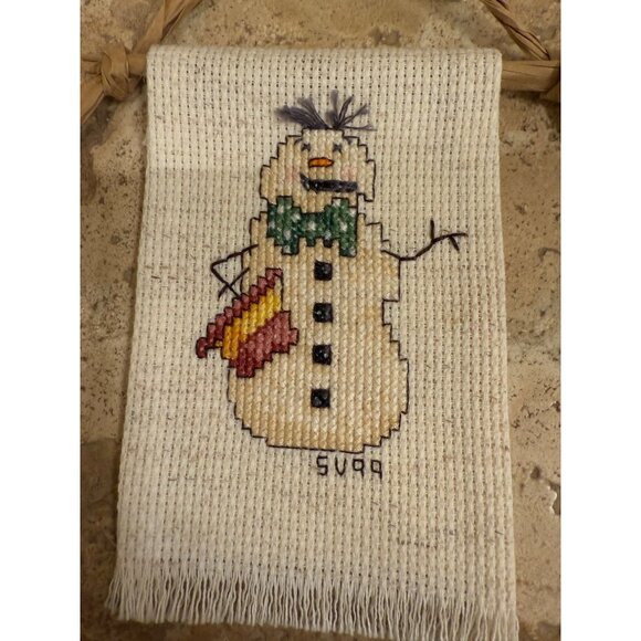 Handmade Cross-Stitch Snowman Wall Hangings Set Of 3 With Rustic Twine Hangers - Picture 4 of 7